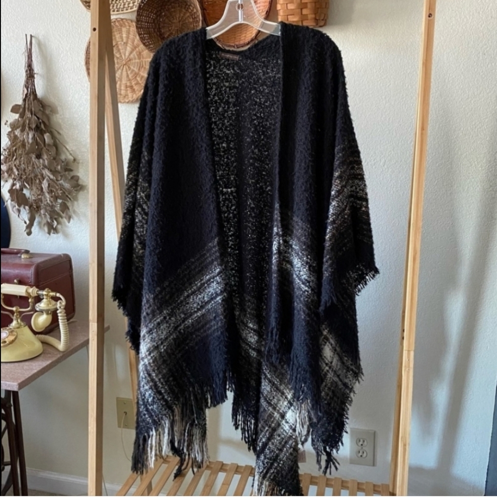Anthropologie Black and Cream Fringe Poncho Sweater